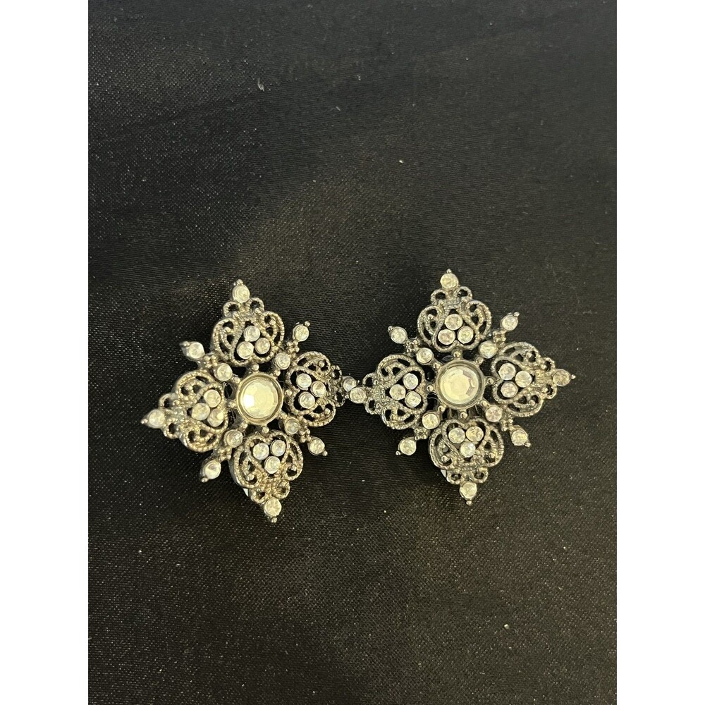 Vintage Filigree Rhinestone Clip-On Earrings - Ornate Silver Tone